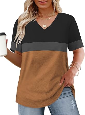 VOGRACE Womens-Plus-Size-Tops Summer Short Sleeve Casual V Neck Tunics Trendy Color Block Fashion T Shirts