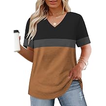 VOGRACE Womens-Plus-Size-Tops Summer Short Sleeve Casual V Neck Tunics Trendy Color Block Fashion T Shirts