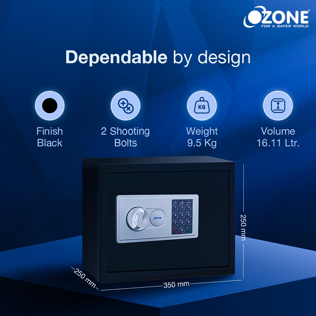 Ozone 16.11 Litres Digital Safe Locker for Home & Office โ Digital Lock, 1-Way Unlocking (Password), Size: 250H x 350W x 250D mm, Weight: 9.5kg, 2-Year Warranty (Black) 1