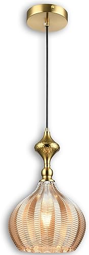 Lámpara colgante moderna de cristal, 9 x 15.3 pulgadas, lámpara colgante a rayas ámbar con tapa dorada, línea ajustable de 15 a 72 pulgadas, enchufe