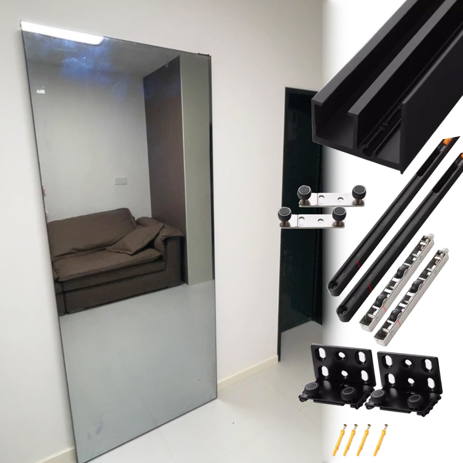 Kit hardware per porta scorrevole con binario nascosto e meccanismo di chiusura ammortizzata per porte di fienile
