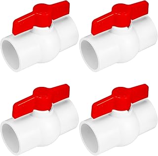 QWORK 1-1/2" PVC Ball Valve, 4 Pack Valves with Red T-Handle Water Shutoff for Cold Water Supply Line, Irrigation Pipe Fitting System, Centerline Valve, White and Red
