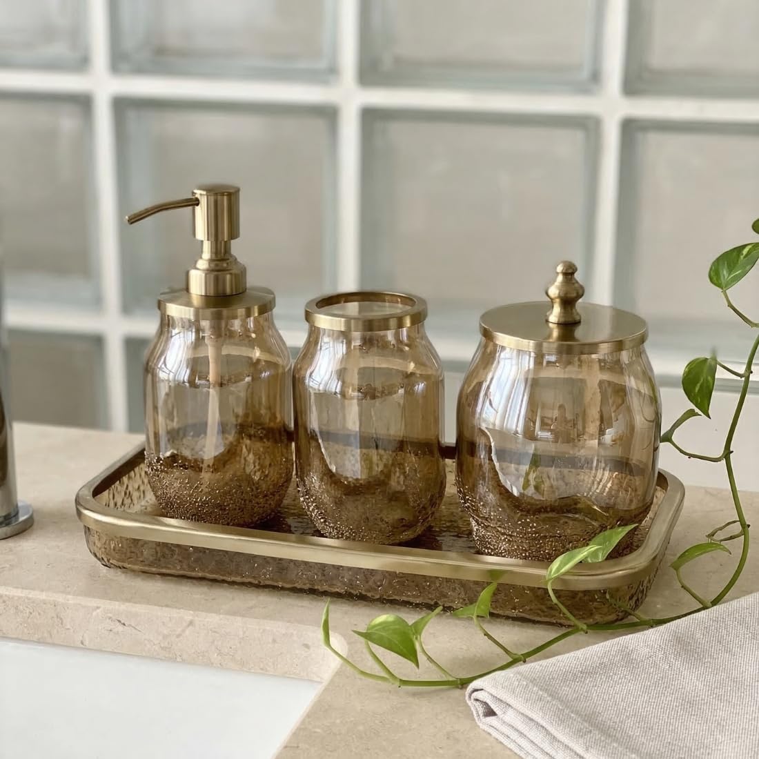 MASON HOME Imperium Bathroom Set - Gold (Set of 4) | Accessories Set - 1 Tray, 1 Toothbrush holder, 1 Tumbler & 1 Liquid Soap Dispenser | Tooth Paste Stand - Handwash - Washroom - Décor | Hotel - Café-image-29