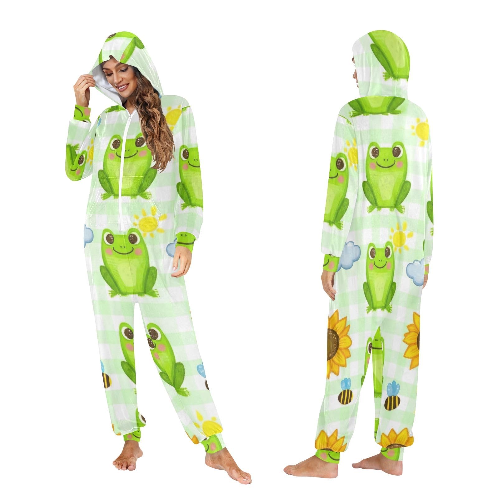 Pigiama intero in pile per adulti con rana verde e girasole per donne e uomini con cappuccio e cerniera morbida abbigliamento natalizio