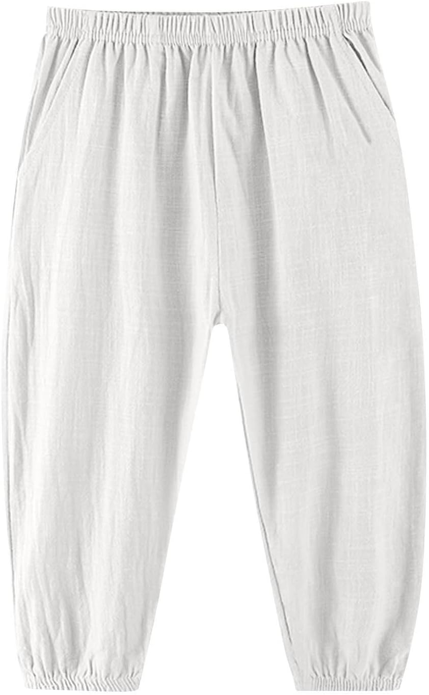 Boys Linen Pants Casual Loose Fit Elastic Waist Drawstring Lightweight Breathable Summer Beach Yoga Trousers Kids 5-15 Years