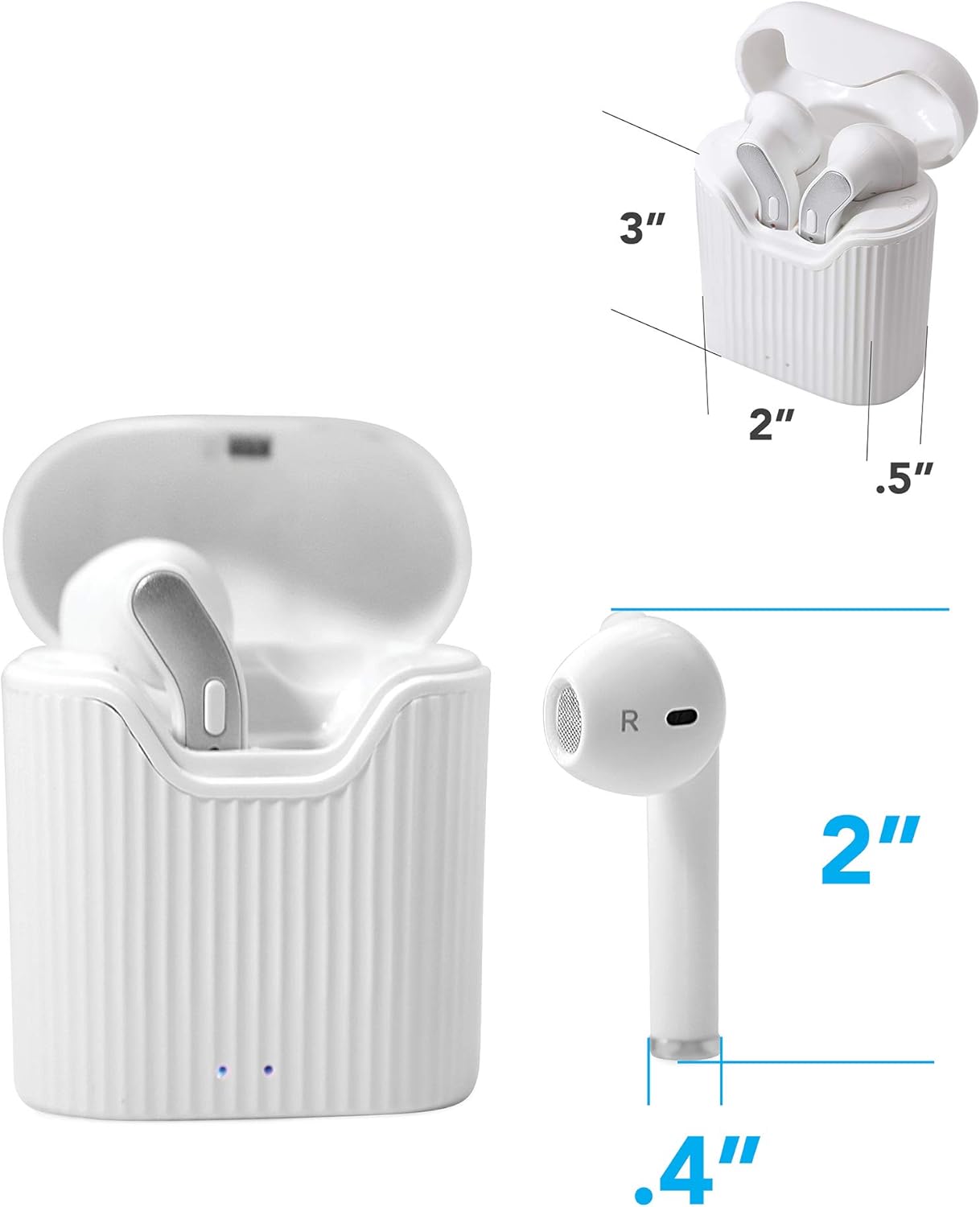 Diagram showing the dimensions of the Wireless Gear earbuds and their charging case.