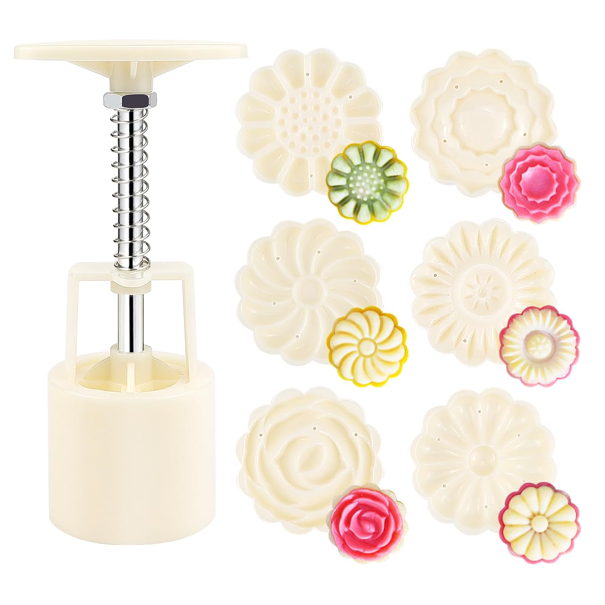 FERCAISH Moon Cake Mould 50g, Mooncake Mould Press with 6 Flowers Stamps, Mooncake Mold Flowers Stamps Set, for DIY Mooncakes Dessert Cupcake (Beige)