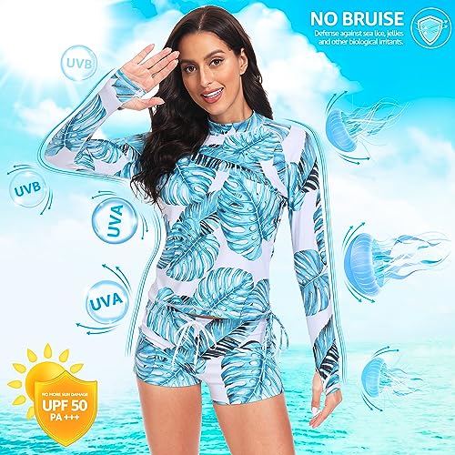 UNIQUEBELLA Traje de Baio Rash Guard para Mujer, Conjunto de Natación con Manga Larga UPF 50+ para Deporte Surf