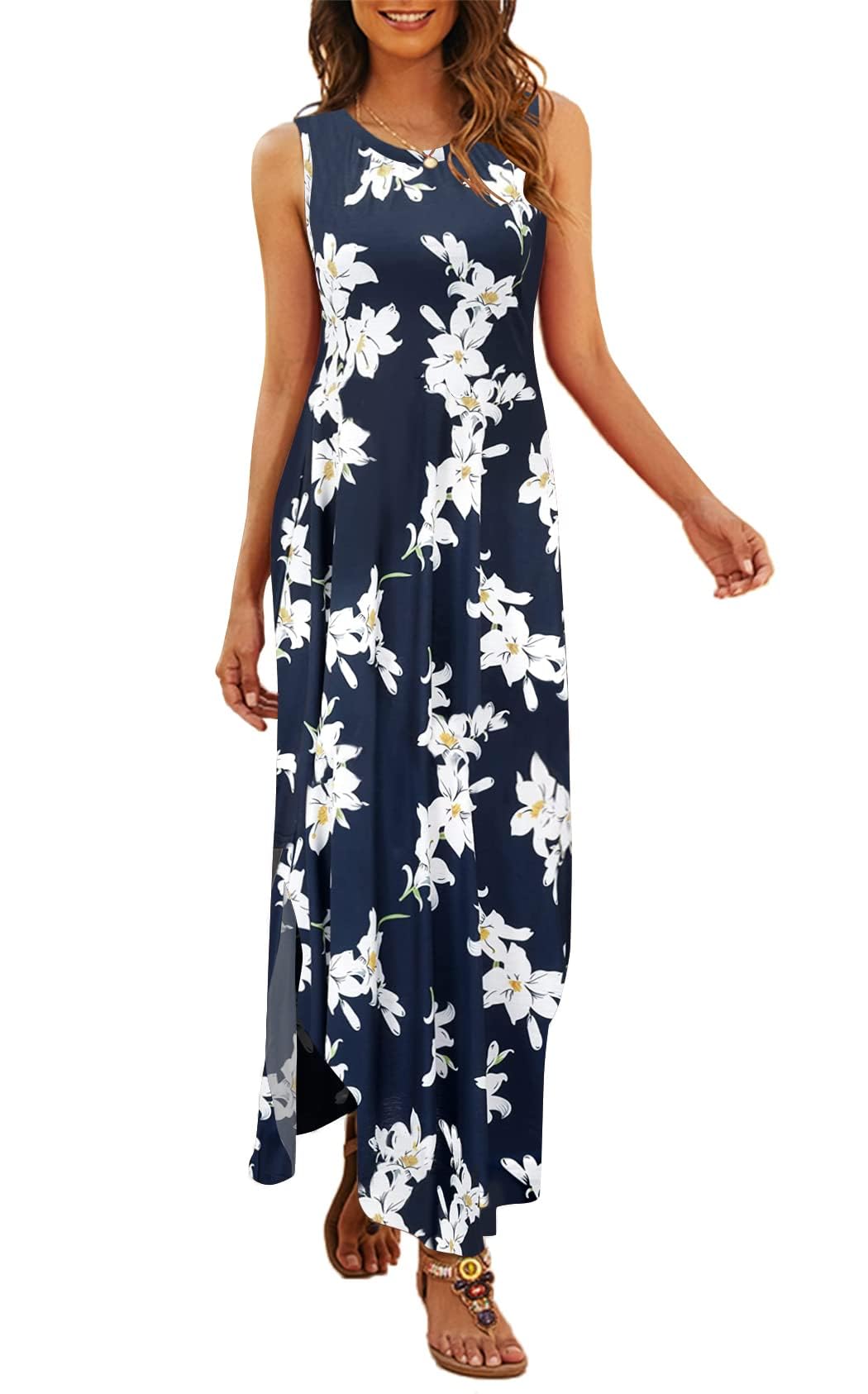 Hount Vestido casual de verano sin mangas para mujer, vestido largo suelto con bolsillos