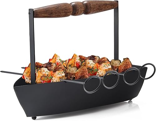 Miniatura 1 de Plato para servir en forma de hierro con 4 brochetas de barbacoa para parrilla de barbacoa en barco de servir, palitos de barbacoa reutilizables