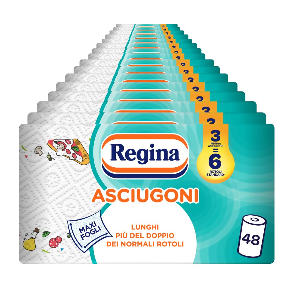 Regina Asciugoni, 48 Rotoli di Carta Cucina, Rotoli a 2 Veli, 100 Maxi Fogli per Rotolo, Confezione 60% in Plastica Riciclata, Carta 100% Certificata FSC