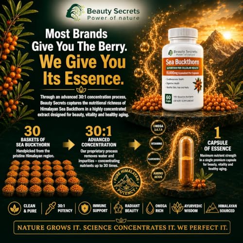 Image of Himalayan Sea Buckthorn Capsules 15000 mg | Sea Buckthorn Berry Extract | with Omega-7 | High Potency Antioxidant Supplement for Immune Support, Digestive & Heart Health | 60 Veg Capsules