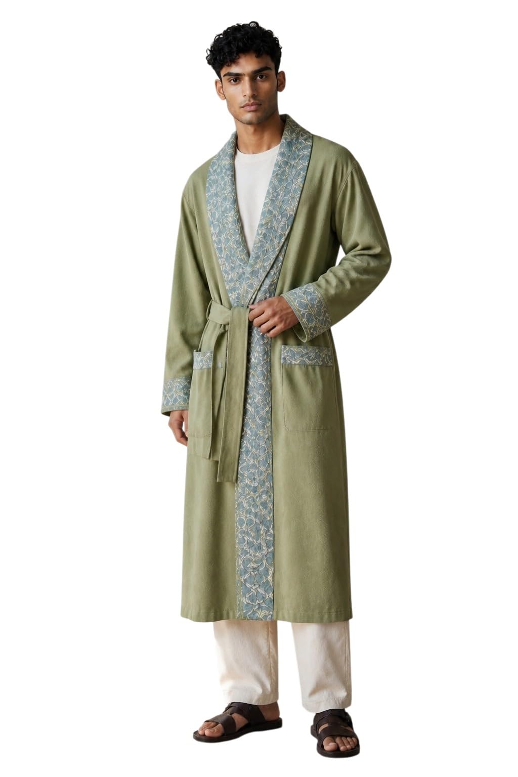 Men Woolen Nightgown Dressing Gown Sleep And Lounge Wear With Kashmiri Charming Embroidery Free Size (Sky Blue)-image-37