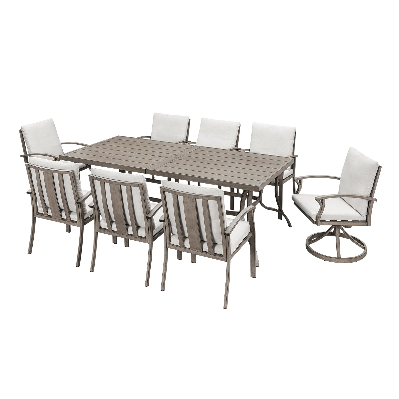 Juego de comedor de patio de 9 piezas, juego de comedor de aluminio al aire libre para 8, juegos de muebles de patio con agujero para paraguas, 6 sillas de comedor, 2 sillas de comedor