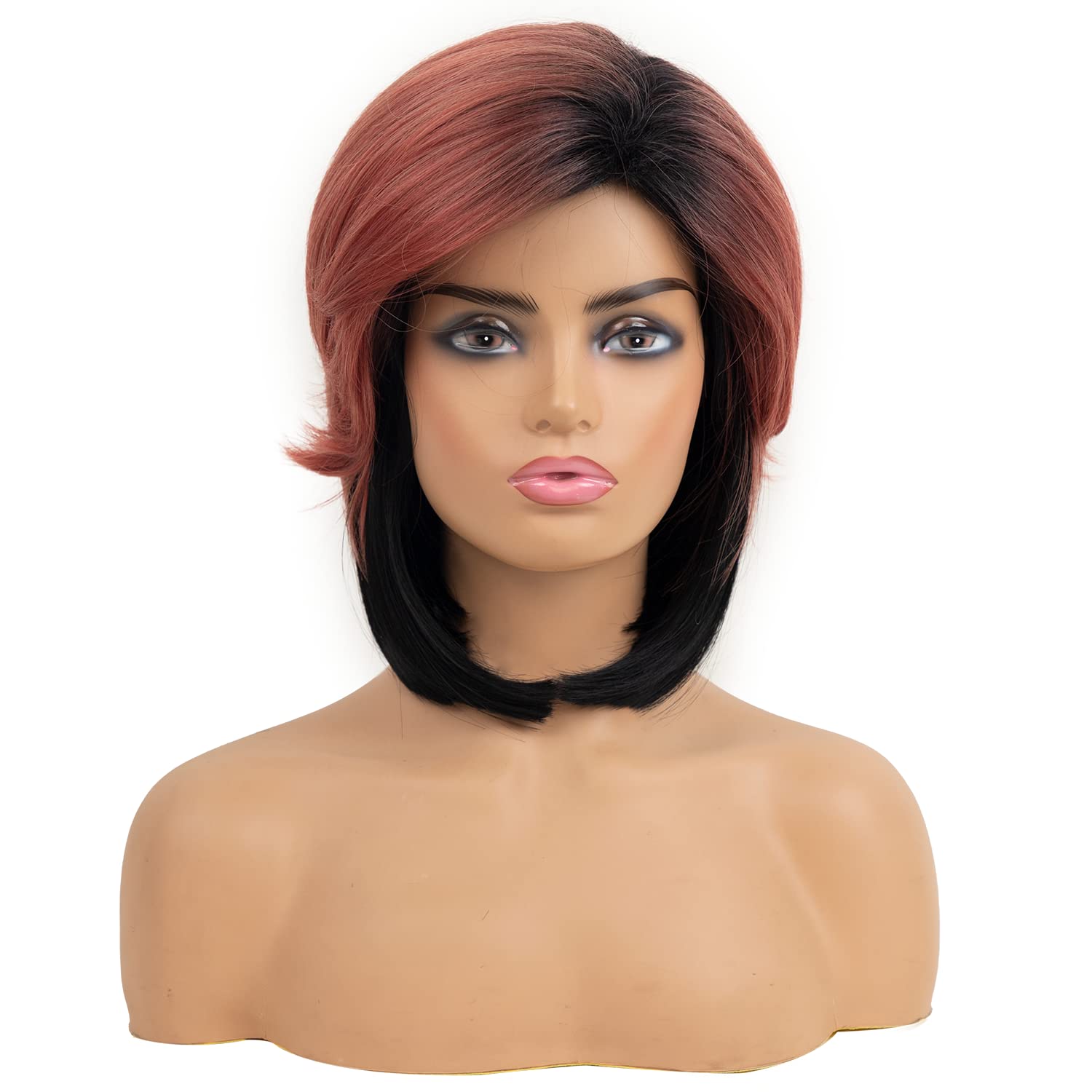 Photo 1 of Fencca Pink Inverted Bob Wigs for Women Ombre Pink Wig with Dark Roots Layered Pixie Cut Bob Synthetic Wig