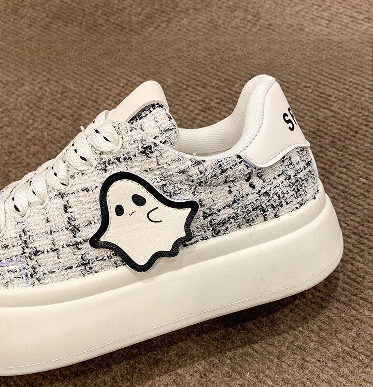 Kawaii Shell Toe Cute Sneakers - Ghost Pattern & Tweed Checkered Chunky Lug Sole Platform Shoes, Comfy White Women & Girls Trainer for Hiking, Beach Travel, Back to School (Y2K Chic, Retro-Modern)4