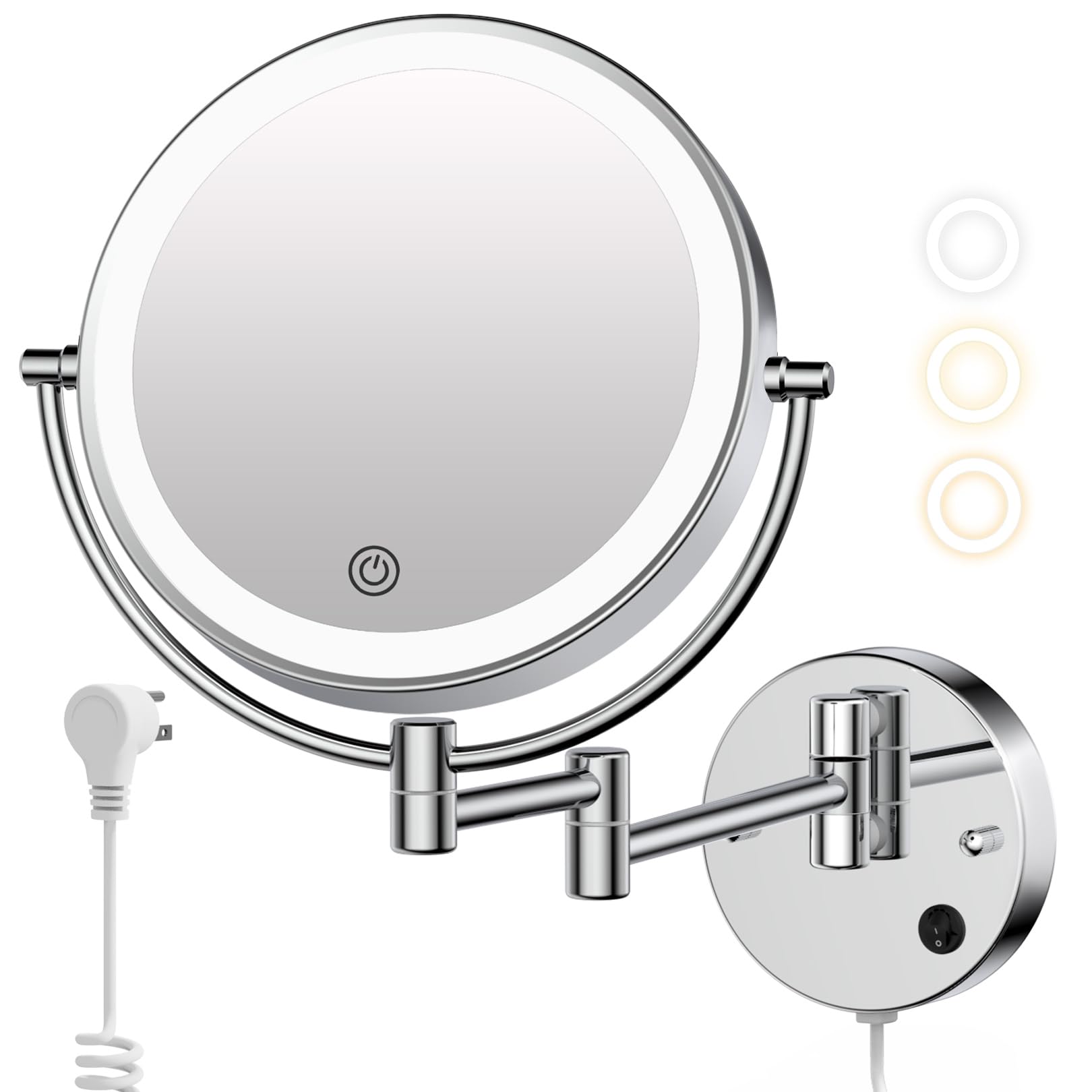 Wall Mounted Makeup Mirror with Lights, Magnifying Mirror 10X/1X Double-Sided, Plug-In Vanity Mirror with 3 Color Lights & Brightness Dimmable, 360°Swivel Extendable Mirror for Grooming & Shaving