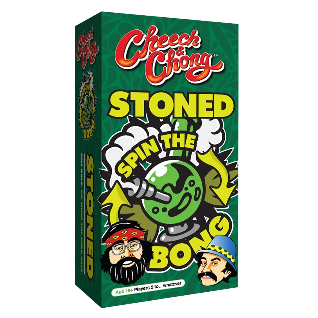 Cheech & Chong Spin the Bong Game, 18+, 2+ Players, Card Game, Stoner Culture, Portable, 220 Cards, 1 Cardboard Bong Spinner, Instructions