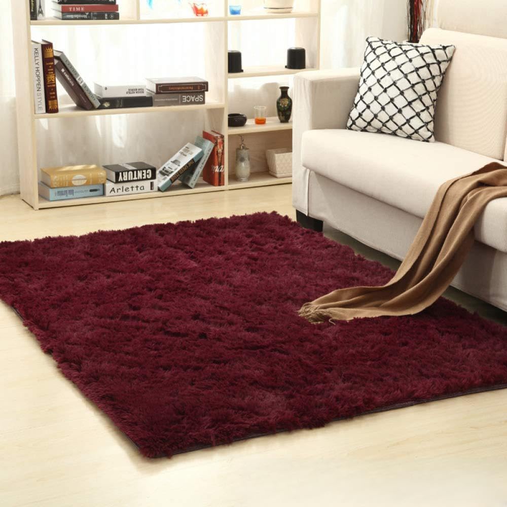 Tapis en laine de soie salon poil long bordeaux 80x160cm Shaggy lit