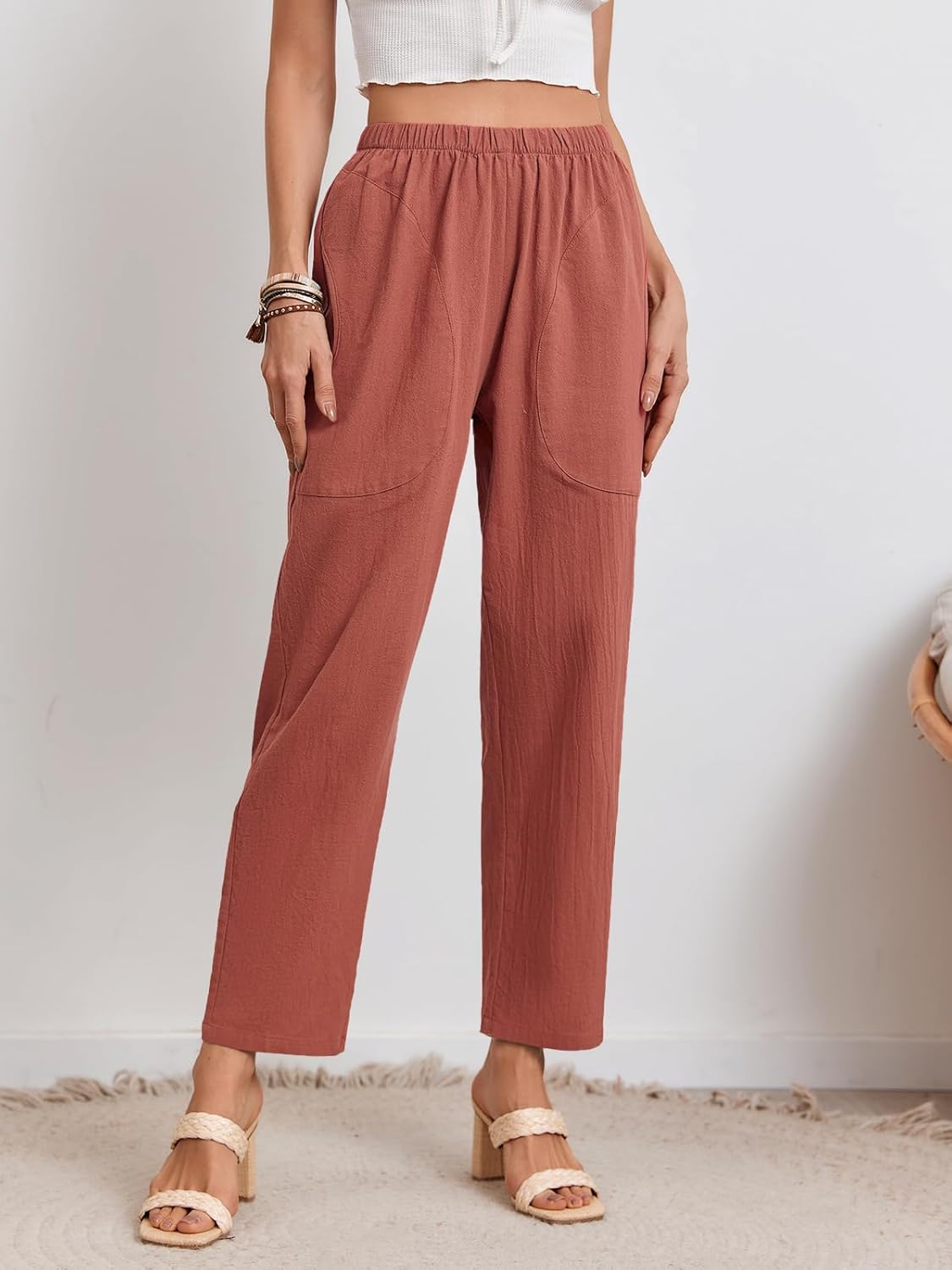 Langwyqu Womens Casual Cotton Tapered Capri Cargo Pants Loose Elastic Waist Ankle Cropped Trouser with Pockets - Image 3