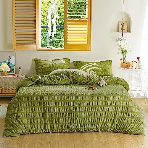 Luofanfei Seersucker Bed Linen 200 x 220 cm Olive Green Summer Plain