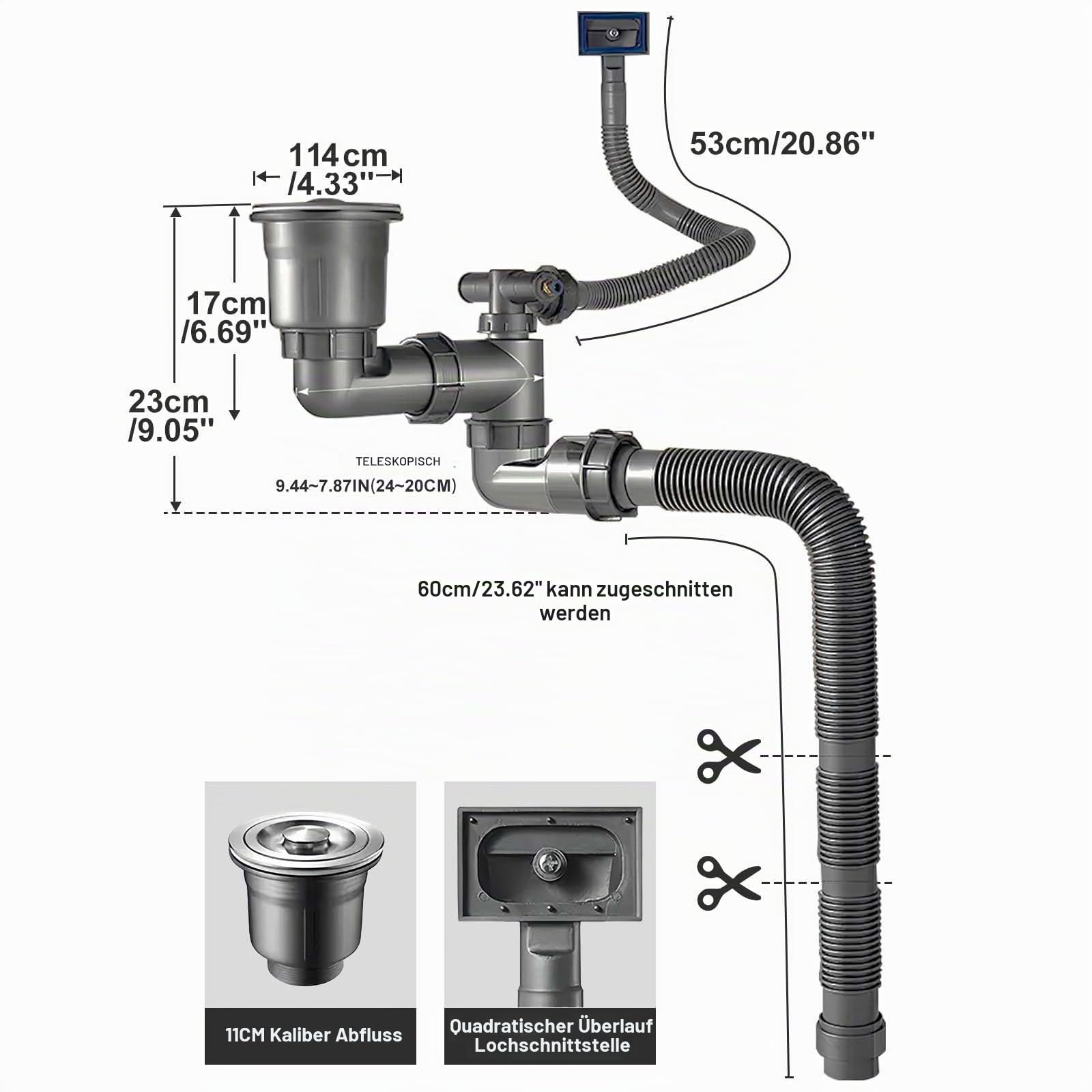 Küchenablaufset für ein Spülbecken, platzsparend, flexibel, mit Siphon und 3-1/2-Zoll-Ablaufgarnitur, geeignet für Küche, Bad und Wohnmobil
