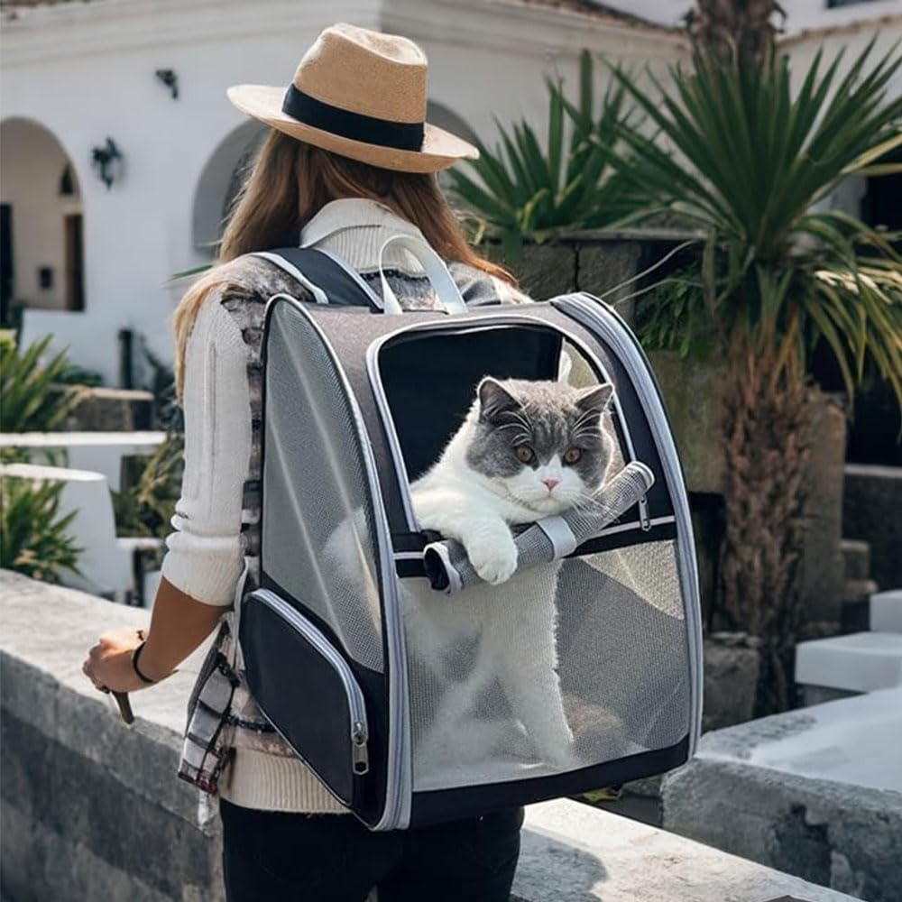 Sac à dos respirant à 360° pour chats et chiens – Pliable, approuvé par les compagnies aériennes avec 1 sac à déjections canines + 5 tapis hygiéniques anti-fuite, idéal pour les animaux de compagnie