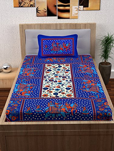 Image of Story@Home 120 Thread Count Rajasthani Block Print Single Bed Size Ethnic Traditional Bedsheet with one Pillow Cover, Navy Blue and White