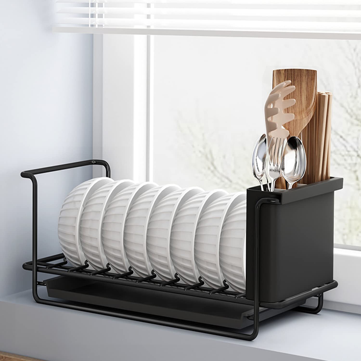 Jorunb Dish Drying Stand Bowl Storage Rack Plate Organizer Utensil Holder for Kitchen Countertop, Aluminum Dish Drainer with Drainage Channel Cutlery and Cup Holder（03）