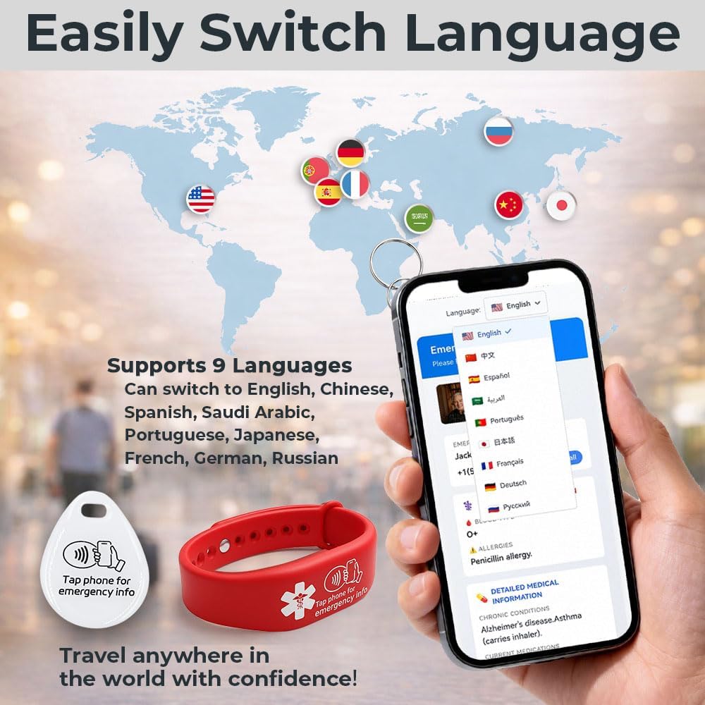 Family Safety Kit,2 Pcs Medical ID Emergency Bracelets NFC tap Wrist Bands for Elderly Diabetes Autism,1 pc cat Dog id QR Code Tags Personalized for Pets Customizable Contact info Profile