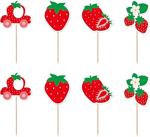 TSJ 16 piezas de fresa para cupcakes de frutas, palitos para decoración de tartas para fiesta temática de fresas, baby shower