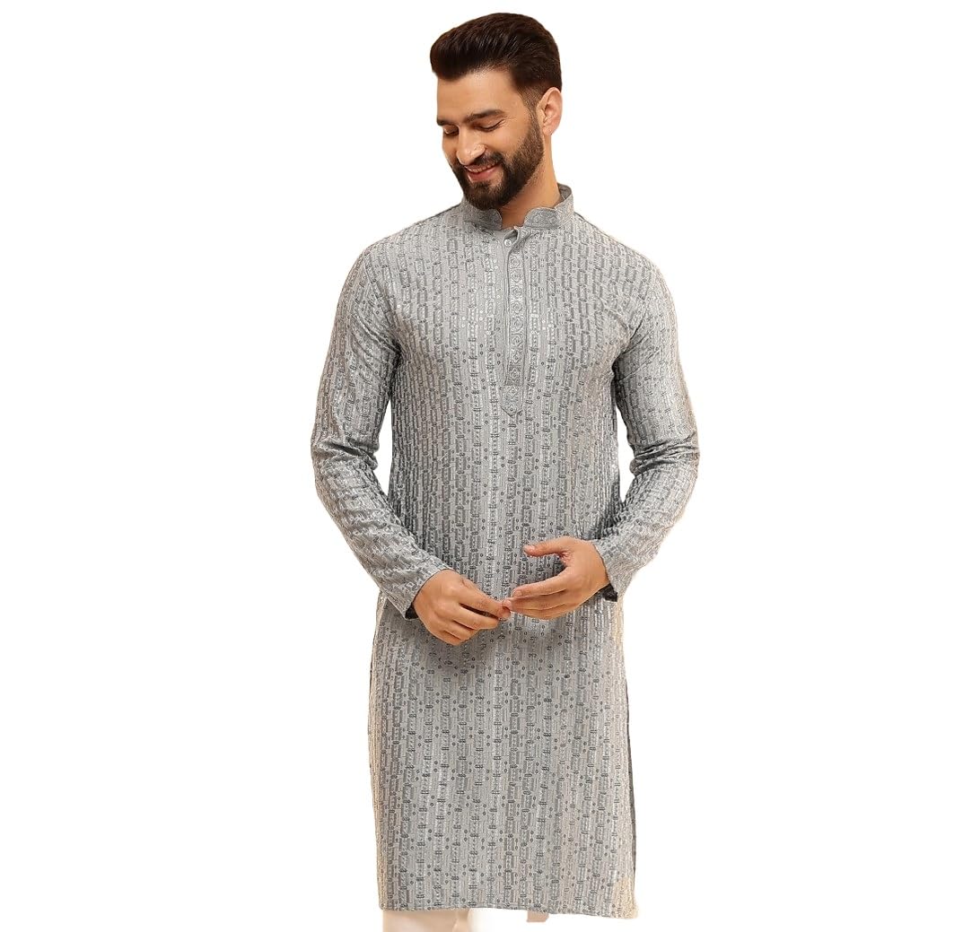 Sojanya (Since 1958 Men's Cotton Rayon Shiny Thread Sequinned Blue Only Long Kurta