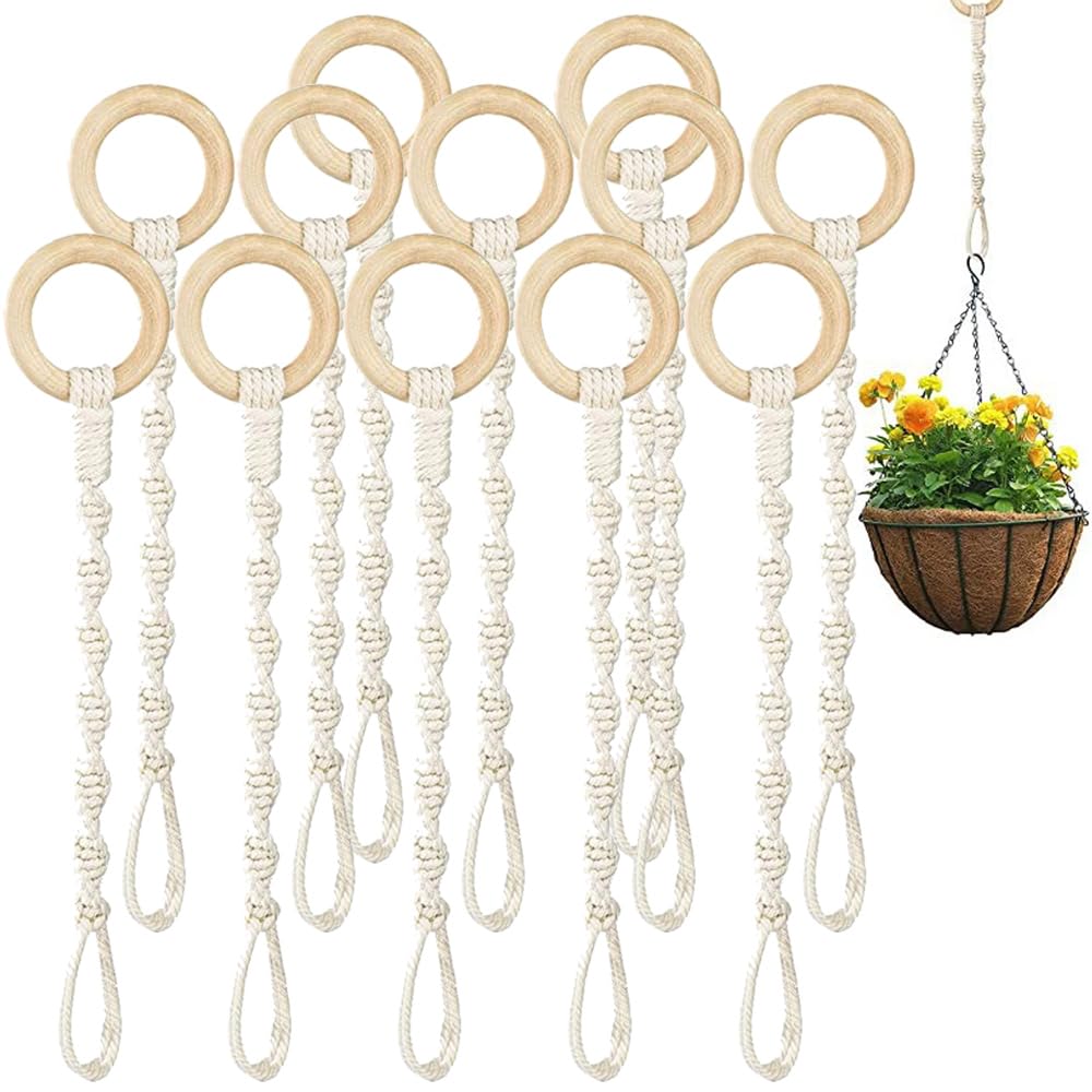 Lot de 12 cordes de suspension en macramé pour pot de fleurs, décoration bohème avec anneaux en bois naturel pour extérieur, intérieur, balcon, jardin, maison
