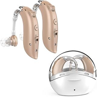 Amplificador de som recarregável, amplificador auditivo retroauricular discreto com estojo portátil carregamento rápido, 2 unidades com manual em espanhol, longa duração 60 horas