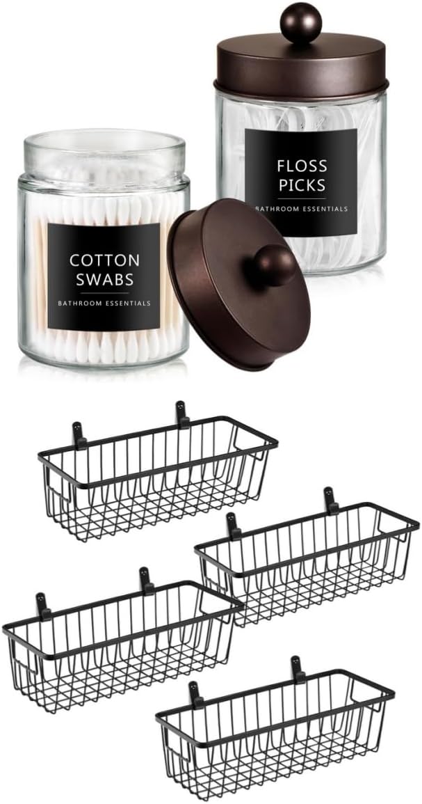 SheeChung Qtip Dispenser Holder 2pcs, Glass apothecary jars with Stainless Steel Lids &Stickers Farmhouse Metal Wire Bin Basket with Wall Mount - Small, 4 Pack - Portable Hanging Wall Basket