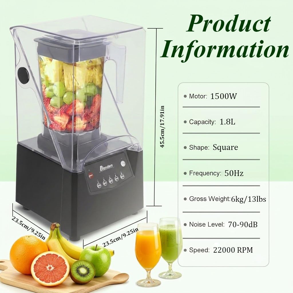 Cichy Blender Komercyjny, 1500 W, Blender do Soków i Warzyw, z Cichą Obudową, do Puree, Kruszenia Lodu, Koktajli i Smoothie