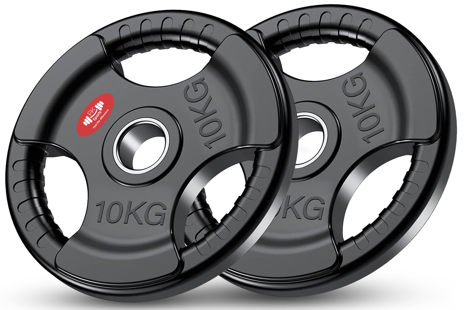 FK Sports Olympic Weight plates Rubber Coated Cast Iron Weights, 2 Inch opening, 2.5kg, 5kg, 10kg, 15kg, 20kg, 25kg, Black Tri grip Barbell Plates, Weight Plates for 2" barbell, Sold in Pair (10 kg)