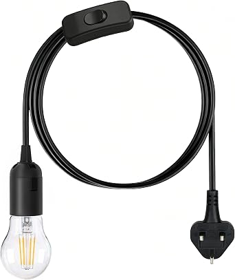 E27 Pendant Light Fitting Kit with Switch, 2M Plug-in Hanging Cord Set, DIY Edison Bulb Socket for Home Decor, Bulb Included, Black [Energy Class D]