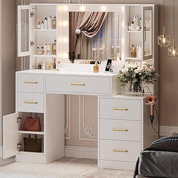 Makeup Vanity Desk with Mirror and Lights, 51”Makeup Vanity Table with Lighted Mirror, Nightstand Dressing Table with Mirror and Lights, Big Vanity with 6 Drawers & Lots Storage Space White