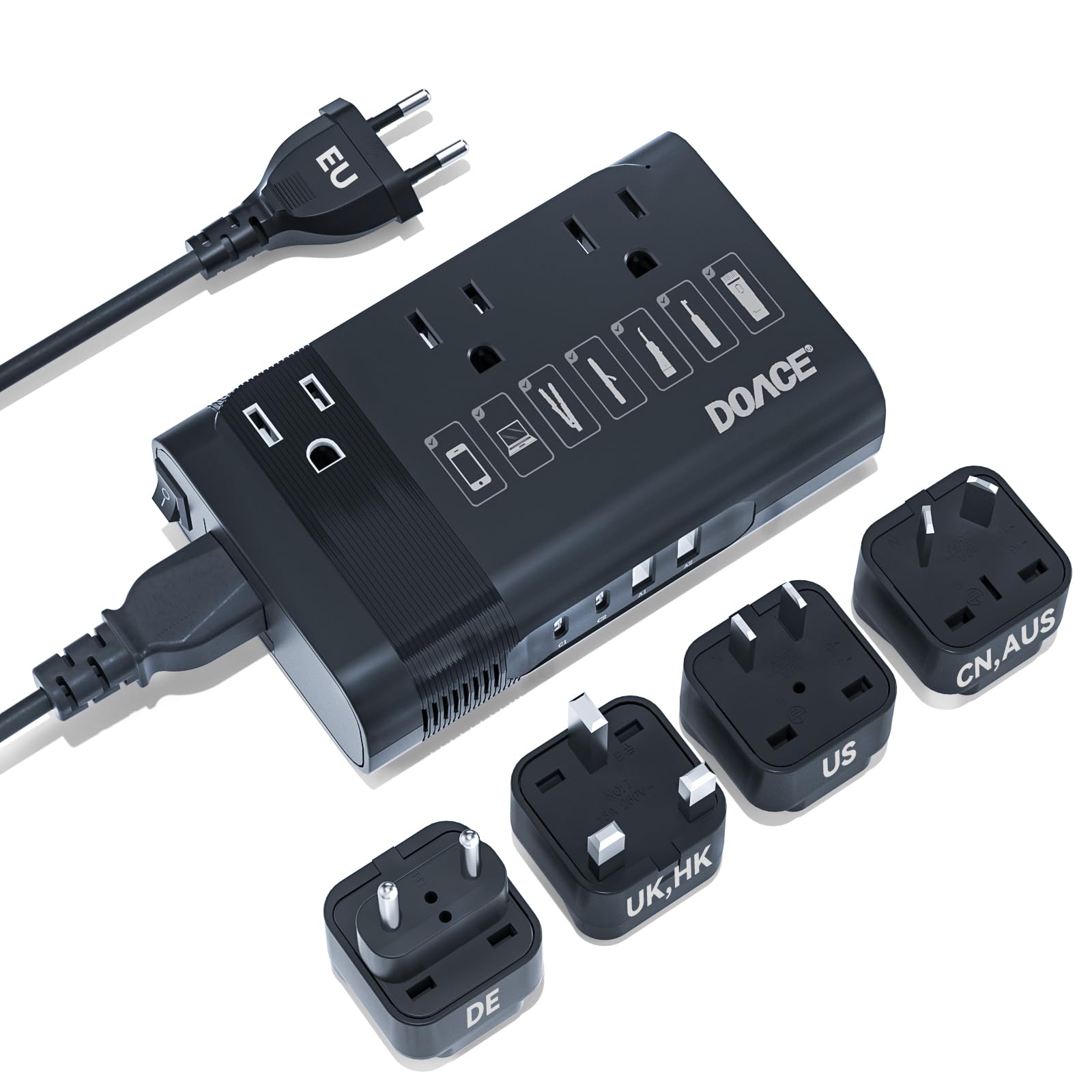 DOACE 350W Voltage Converter US to Europe - 220V to 110V Converter for European Travel with 4 QC+PD Chargers for Using U.S. Devices Abroad - Hair Straightener Shaver Toothbrush Laptop Camera Phone