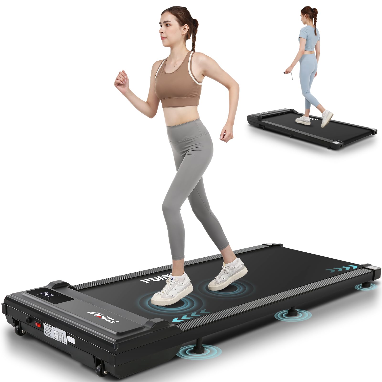 User walking on the treadmill, highlighting knee protection and shock absorption features.