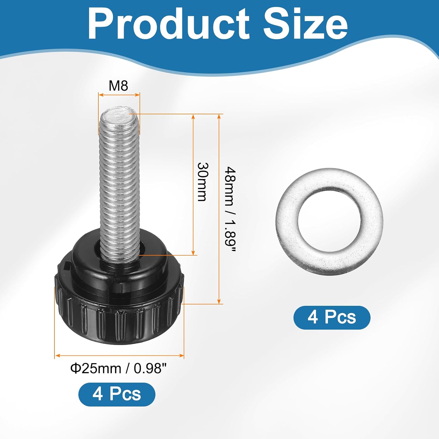 uxcell 4Pcs Knurled Clamping Knobs, M8 x 30mm Metric 304 Stainless Steel Male Thread Thumb Screws 25mm Width Knurled Handle Bolts Grip with Washers for Machine Umbrella Base Replacement