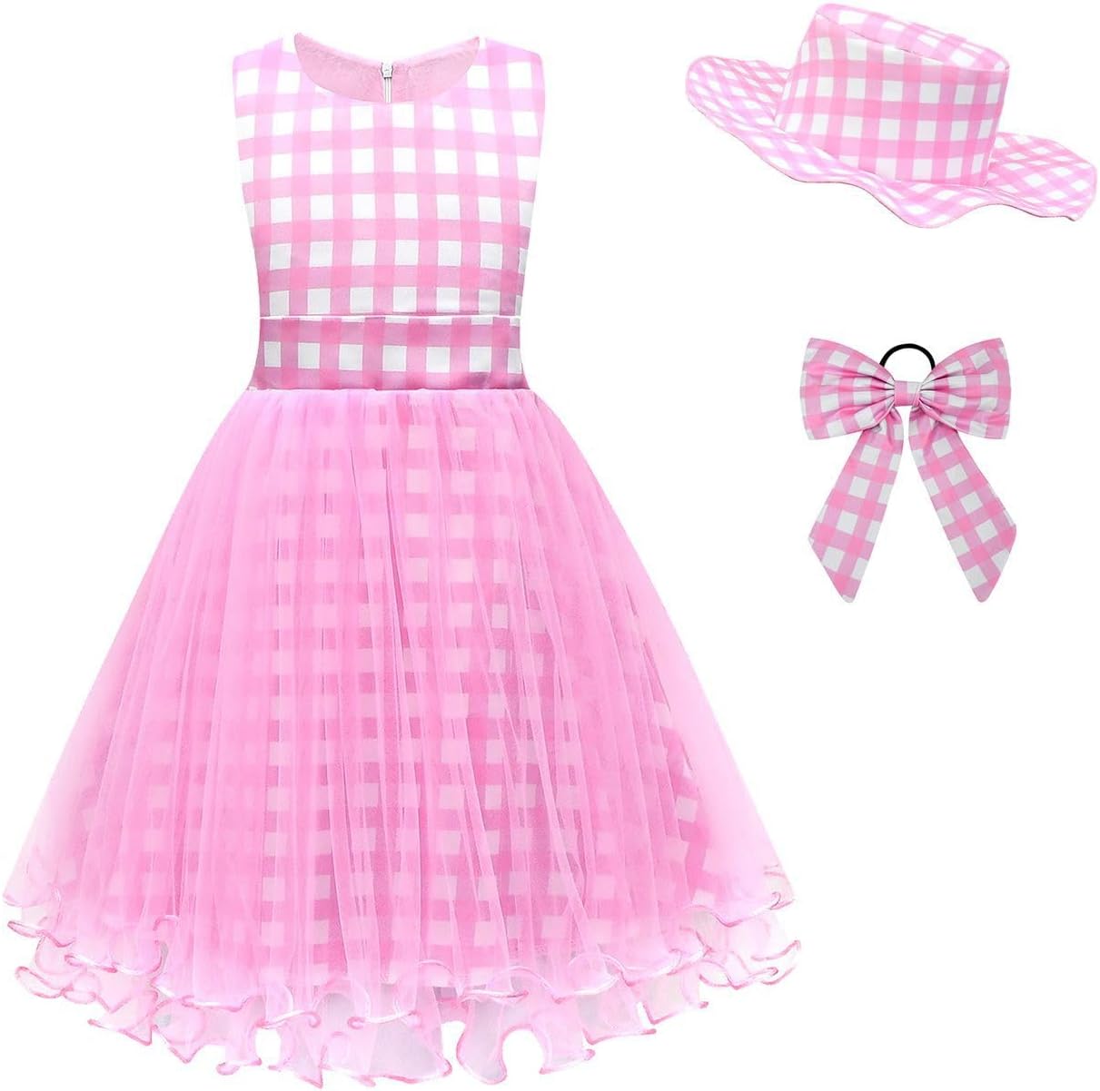 Pink Plaid Dress For Girls Kids Gingham Dresses Little Girl Toddler Halloween Costume For Girls Cosplay Dresses For Kids Birthday Dress Up Hat Headwear Sleeveless Pink Checkered Dress 5-6 Years