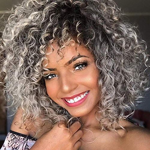 Xinran Ombre Gray Afro Wig with Bangs Short Curly Full Volume Synthetic