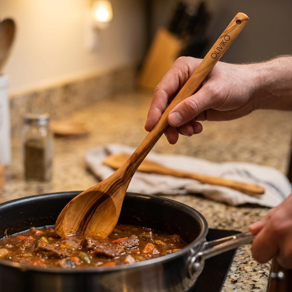 OLIVIKO™ 100% Olive Wood Handmade Cooking Corner Spoon | BPA Free | Natural Wood Kitchen Utensil | Nonstick Safe | 12-inch