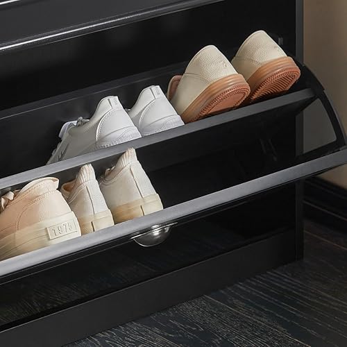 Miniatura 46 de Haotian FSR82-L-SCH - Zapatero de pasillo negro, zapatero de diseño moderno, zapatero delgado con cajón abatible y cojín de asiento acolchado Negro