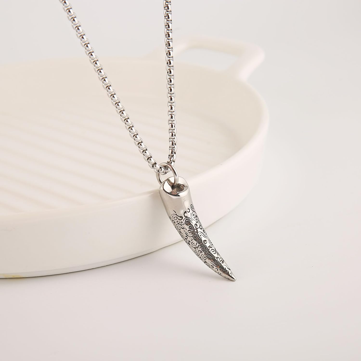 Punk Hip-Hop Rock Wolf Tooth Pendant Necklace, Exquisitely Carved Patterns, 316L Stainless Steel, Silver Stainless Steel Square Pearl Chain, Vintage Jewelry Gift For Men And Women - Image 3