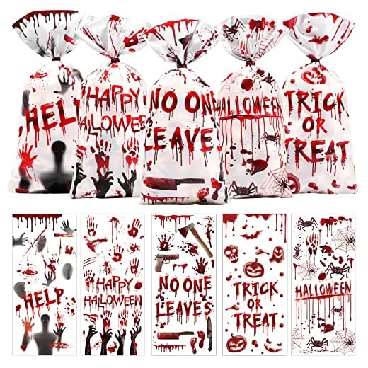 Pajean 150 Pcs Halloween Cellophane Bags Halloween Candy Treat Bag Pumpkin Handprint Skull Spider Web Patterned Plastic Wrap Gift Bag for Halloween Splatter Party Favors Supplies