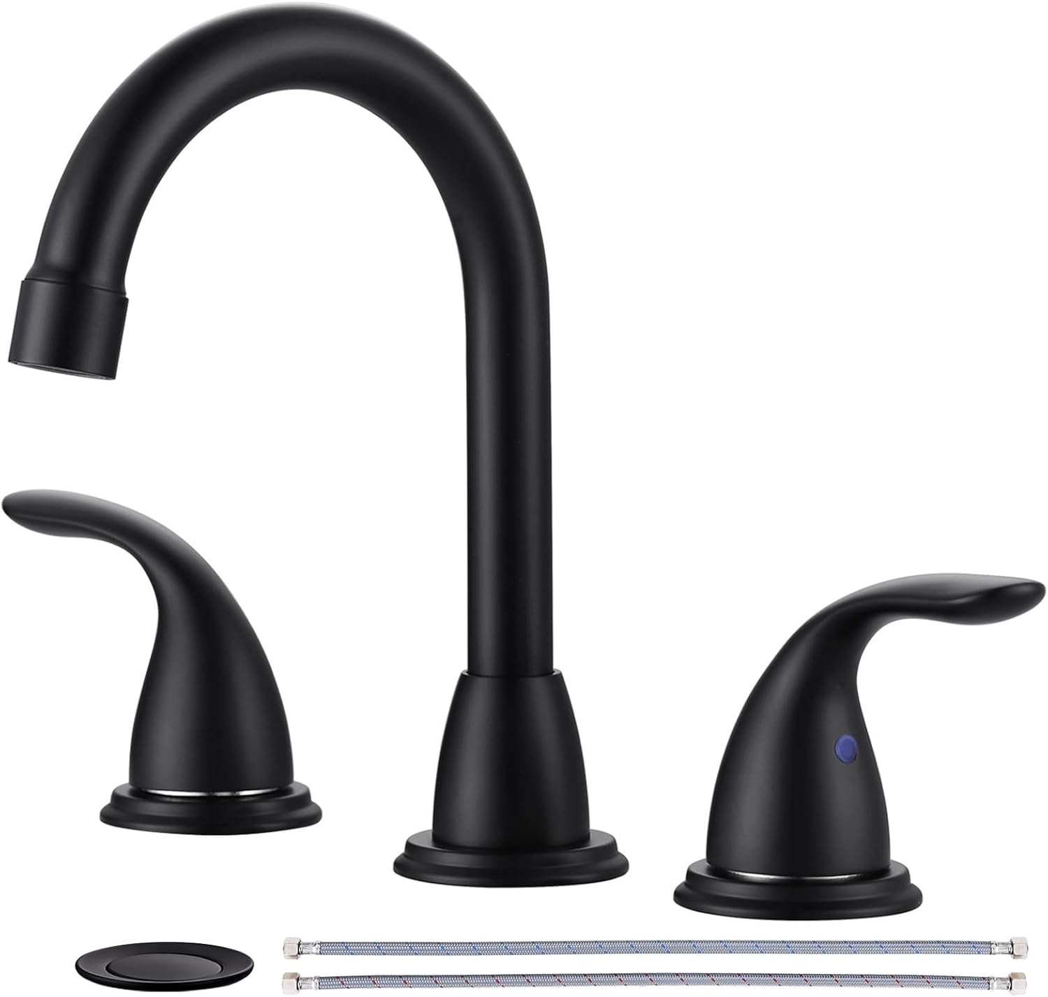 Black Bathroom Sink Faucet 3 Hole,8 Inch Widespread Matte Black Bathroom Faucet with Pop-up Drain and 2 Supply Hoses,Swivel Spout 2 Handle Lead-Free Bath Faucet for Restroom Vanity Camper RV