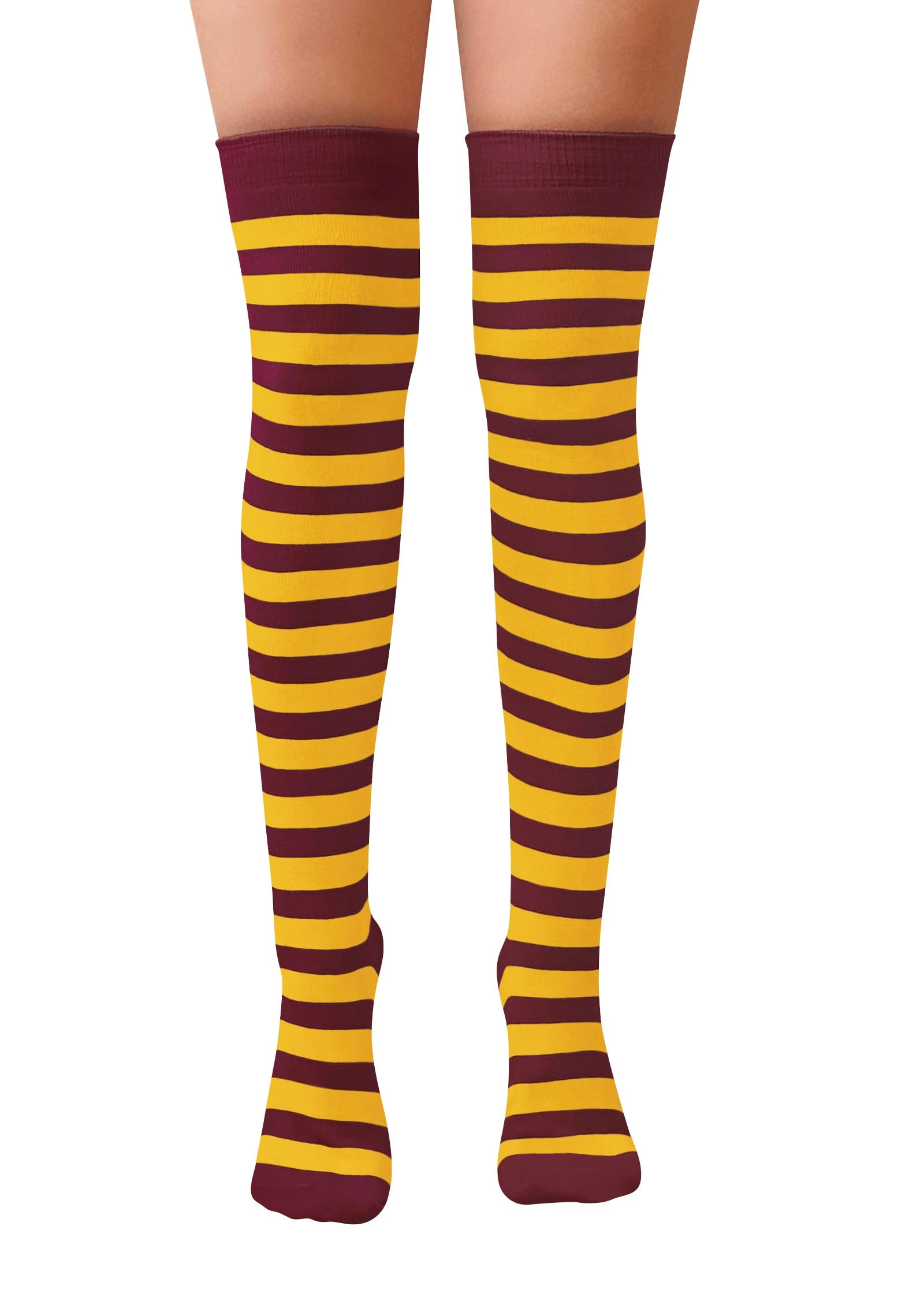 NuJake Girls Striped Over The Knee Socks Fancy Dress Up Themed Cosplay Christmas & Halloween UK Size 4-5.5 (Maroon & Yellow)